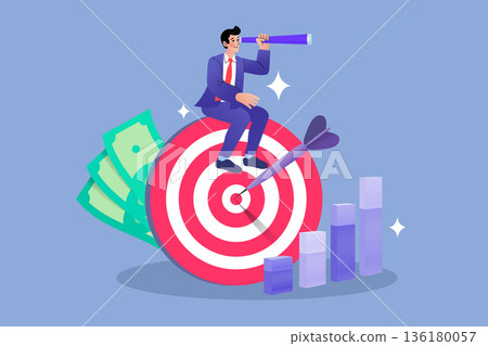 Achieve business growth with strategic vision and financial planning. Businessman looking through telescope on a target with profit charts and money for success and goal concepts Achieve business growth with strategic vision and financial planning. Businessman looking through telescope on a target with profit charts and money for success and goal concepts 136180057