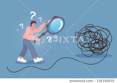 Confused man holding a magnifying glass looks at a chaotic tangled knot. Vector illustration showing the process of analyzing problems and searching for root causes to understand complex situations. Confused man holding a magnifying glass looks at a chaotic tangled knot. Vector illustration showing the process of analyzing problems and searching for root causes to understand complex situations. 136180058