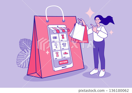 Online e-commerce shopping concept on smartphone. Happy woman holding bags with mobile store app on screen and giant shopping bag. Flat vector illustration for retail and digital marketing. Online e-commerce shopping concept on smartphone. Happy woman holding bags with mobile store app on screen and giant shopping bag. Flat vector illustration for retail and digital marketing. 136180062