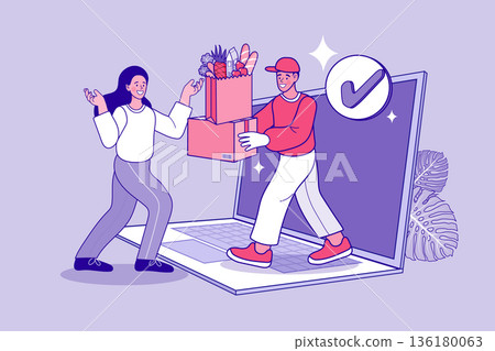 Online e-commerce grocery delivery service concept. Courier delivering food boxes from laptop screen to woman. Flat vector illustration for fast shipping and digital shopping success. Online e-commerce grocery delivery service concept. Courier delivering food boxes from laptop screen to woman. Flat vector illustration for fast shipping and digital shopping success. 136180063
