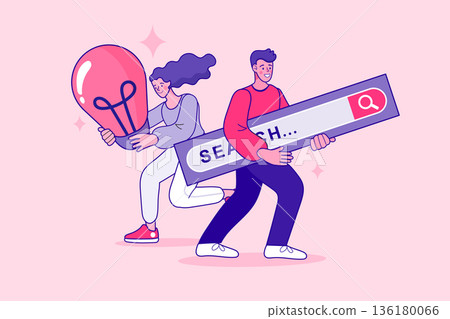 Creative SEO marketing and search engine optimization concept. Man carrying search bar and woman with lightbulb for digital marketing, finding ideas, and business innovation Creative SEO marketing and search engine optimization concept. Man carrying search bar and woman with lightbulb for digital marketing, finding ideas, and business innovation 136180066