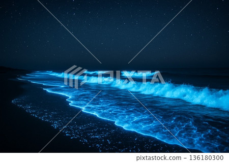 生物發光浮游生物泛起的藍色光芒，以及夜晚將海岸線裝飾得絢麗多彩的生物發光美景 136180300