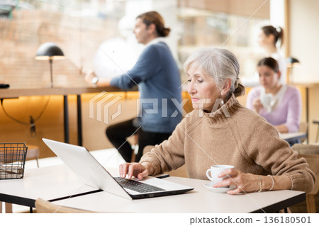 Confident senior female cafe customer enjoying peace and quiet while working on laptop Confident senior female cafe customer enjoying peace and quiet while working on laptop 136180501