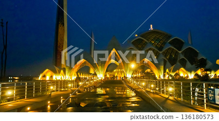 Beautiful view of Al Jabar Grand Mosque at night, Bandung, West Java, Indonesia Beautiful view of Al Jabar Grand Mosque at night, Bandung, West Java, Indonesia 136180573