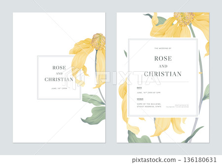 Floral wedding invitation card template design, Cutleaf coneflower with leaves on white Floral wedding invitation card template design, Cutleaf coneflower with leaves on white 136180631