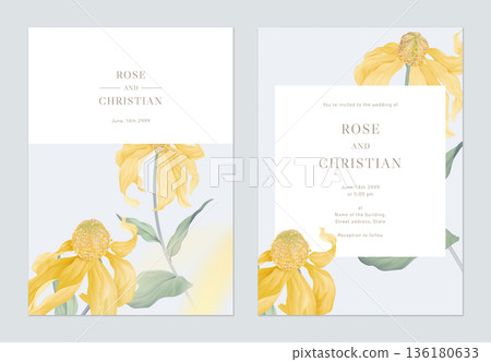 Floral wedding invitation card template design, Cutleaf coneflower with leaves on bright blue 136180633