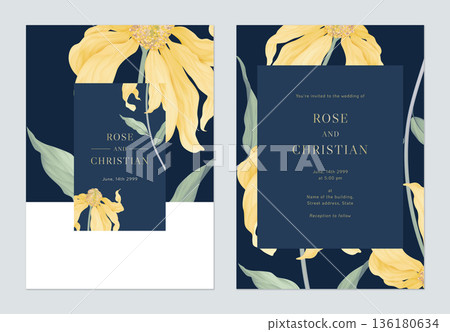 Floral wedding invitation card template design, Cutleaf coneflower with leaves on dark blue 136180634