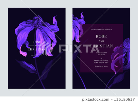 Floral wedding invitation card template design, Cutleaf coneflower with leaves in purple tone on dark purple 136180637