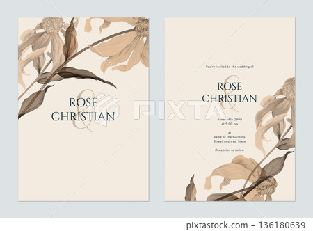 Floral wedding invitation card template design, Cutleaf coneflower with leaves in brown tone 136180639