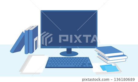 A desktop computer belonging to an employee with a lot of work piling up 136180689