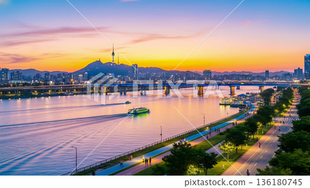 Seoul Han River Magic Hour Sunset Night View Cityscape N Seoul Tower Bridge Buildings 136180745