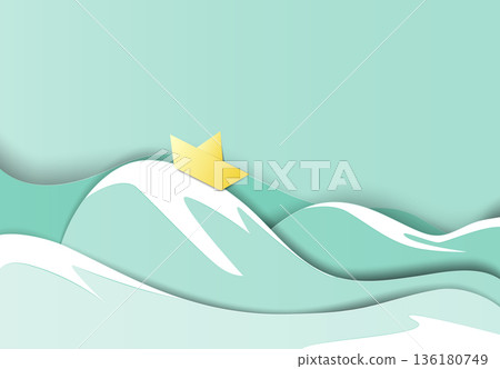 Landscape paper art, small boat surfing on a big wave in the sea 136180749
