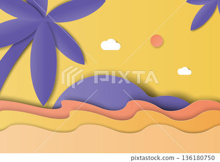 Landscape paper art, island and coconut trees in the sea purple and yellow 136180750