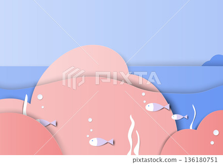 Landscape paper art, islands and fishes under the ocean in blue and red tones 136180751