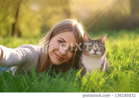The friendship between the young woman and the cat. 136180832