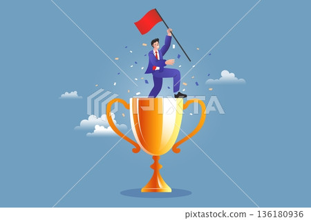 Happy businessman holding a red flag standing on top of a giant golden champion trophy. Vector illustration showing success victory and achieving number one position in business competition. 136180936