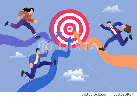 Business team running fast on arrow paths towards a large red target dartboard. Vector illustration showing concept of setting goals achieving success and focusing on market strategy. 136180937