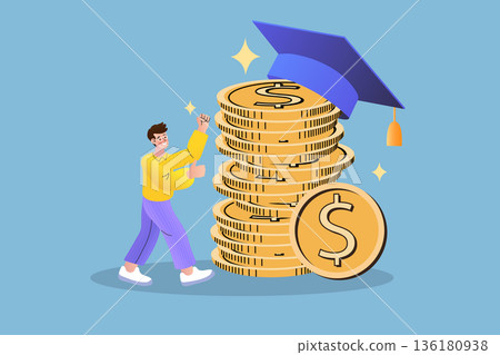 Knowledge and education are the keys to professional success and wealth. Happy man with gold coins and graduation cap for academic investment and financial planning Knowledge and education are the keys to professional success and wealth. Happy man with gold coins and graduation cap for academic investment and financial planning 136180938