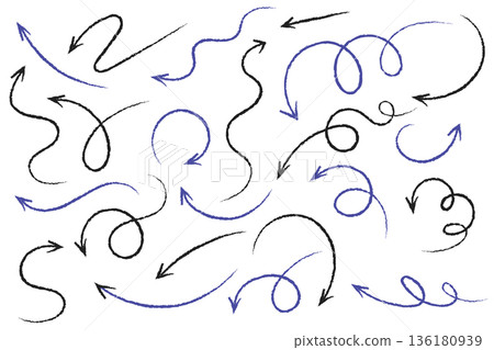 Set of hand drawn arrows with rough pencil texture. Dynamic scribble pointers for creative infographics, presentations, and social media designs to highlight key information effectively. Set of hand drawn arrows with rough pencil texture. Dynamic scribble pointers for creative infographics, presentations, and social media designs to highlight key information effectively. 136180939