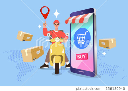 Fast delivery service with courier riding yellow scooter and smartphone. Online shopping logistics concept with location pin, parcel boxes, and mobile application for express shipping. Fast delivery service with courier riding yellow scooter and smartphone. Online shopping logistics concept with location pin, parcel boxes, and mobile application for express shipping. 136180940