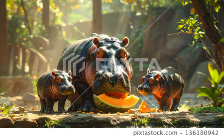 Hippopotamus Family Near Water in Zoo Hippopotamus Family Near Water in Zoo 136180942