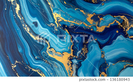 Blue and Gold Fluid Marble Abstract Art Blue and Gold Fluid Marble Abstract Art 136180943