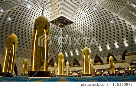 Beautiful view of the interior of the Al Jabar Grand Mosque at night, Bandung, West Java, Indonesia Beautiful view of the interior of the Al Jabar Grand Mosque at night, Bandung, West Java, Indonesia 136180972