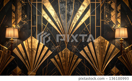 Art Deco Fan Pattern Wallpaper in Gold and Black 136180993