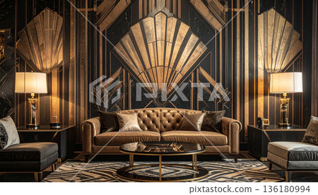 Art Deco Living Room Interior with Gold Accents Art Deco Living Room Interior with Gold Accents 136180994