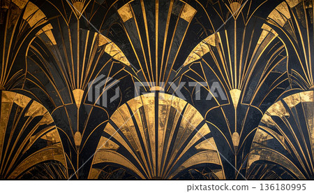 Art Deco Fan Pattern Wallpaper in Gold and Black 136180995