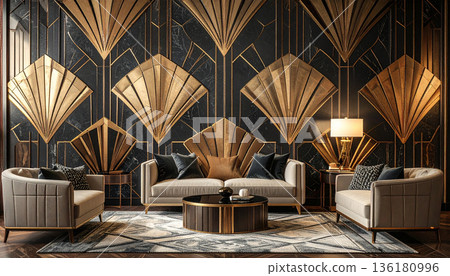 Art Deco Living Room Interior with Gold Accents 136180996