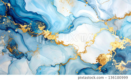 Blue and Gold Fluid Marble Abstract Art Blue and Gold Fluid Marble Abstract Art 136180999