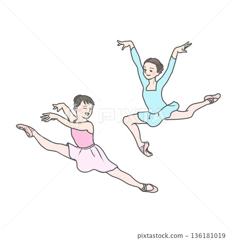 女孩們穿著粉紅色和淺藍色的練習服，快樂地跳舞。 136181019