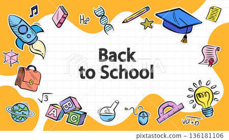A vibrant and clean back to school border frame featuring playful hand-drawn school icons around a central space for text. The mix of modern doodle style and a classic white grid background creates . A vibrant and clean back to school border frame featuring playful hand-drawn school icons around a central space for text. The mix of modern doodle style and a classic white grid background creates . 136181106