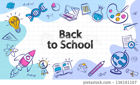 Lovely and colorful back to school frame with creative learning doodles Playful education border with charming hand-drawn school icons. Bright notebook layout for creative student activities, workshop Lovely and colorful back to school frame with creative learning doodles Playful education border with charming hand-drawn school icons. Bright notebook layout for creative student activities, workshop 136181107