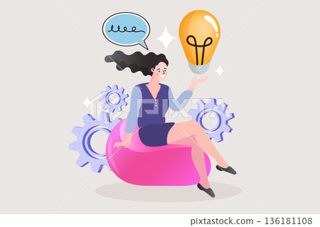Unlock creative business solutions and innovative workflow with professional ideation. Professional woman with lightbulb and gears for problem solving and creative thinking concepts. Unlock creative business solutions and innovative workflow with professional ideation. Professional woman with lightbulb and gears for problem solving and creative thinking concepts. 136181108