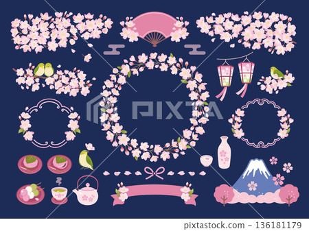 日式相框及裝飾插畫套裝，描繪了夜晚的櫻花 136181179