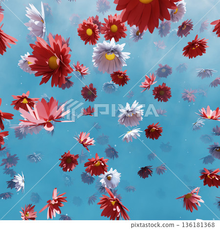 Flowers Bloom In Summer, 3D illustration Background for advertising and wallpaper in summer and flower scene. 3D rendering in decorative concept. 136181368