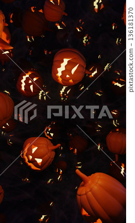 Pumpkin In The Night, 3D render illustration featuring glowing jack o lantern surrounded by mist and dim light, perfect for Halloween ads, posters, and digital artwork. 136181370