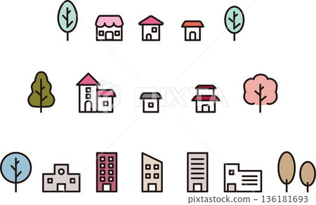 House and building cityscape illustration set. Real estate, residential area, urban development icon decorative design material House and building cityscape illustration set. Real estate, residential area, urban development icon decorative design material 136181693
