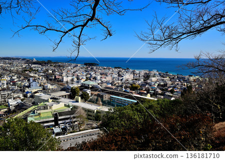 Scenery of JR Ninomiya Station and Sagami Bay seen from the hill of Azumayama Park Scenery of JR Ninomiya Station and Sagami Bay seen from the hill of Azumayama Park 136181710