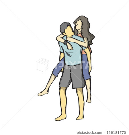 lover couple enjoying a piggyback ride illustration vector sketch with black lines lover couple enjoying a piggyback ride illustration vector sketch with black lines 136181770