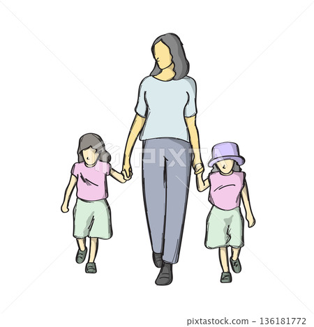mother walking with her two children illustration vector sketch with black lines 136181772