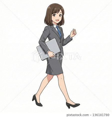 Illustration of a young businesswoman walking with a laptop 136181780