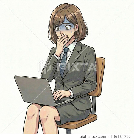 A woman in a business suit is surprised at her computer 136181792