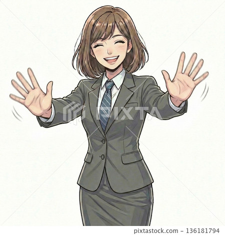 Illustration of a young businesswoman waving both hands Illustration of a young businesswoman waving both hands 136181794