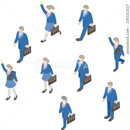 Vector illustration of junior and senior high school students in uniforms. Isometric character material for entrance ceremonies, new semesters, and new students. Vector illustration of junior and senior high school students in uniforms. Isometric character material for entrance ceremonies, new semesters, and new students. 136181927