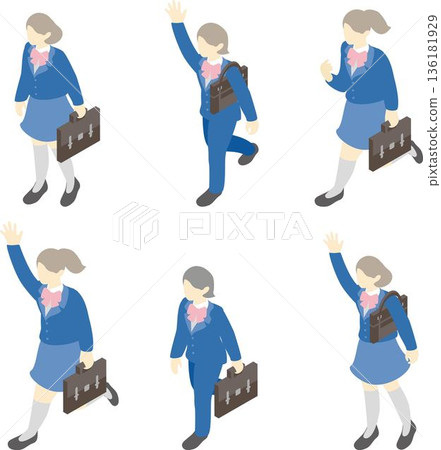 Vector illustration of junior and senior high school students in uniforms. Isometric character material for entrance ceremonies, new semesters, and new students. 136181929