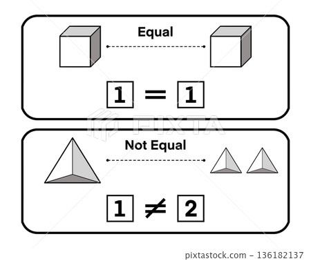 Math worksheet teaching equal and not equal concepts using simple shapes and numbers. Visual comparison activity for preschool and kindergarten to build early math understanding and number sens 136182137