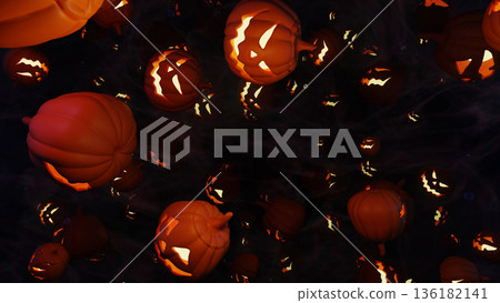 Pumpkin In The Night, 3D render illustration featuring glowing jack-o'-lantern surrounded by mist and dim light, perfect for Halloween ads, posters, and digital artwork. Pumpkin In The Night, 3D render illustration featuring glowing jack-o'-lantern surrounded by mist and dim light, perfect for Halloween ads, posters, and digital artwork. 136182141
